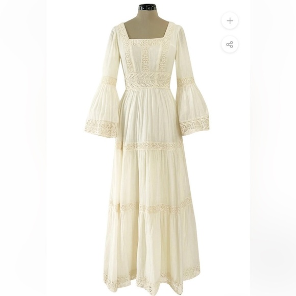 Victor Costa Mexican Wedding Dress Ivory Cotton Gauze & Lace Dress Romantic 1970 - Picture 2 of 16